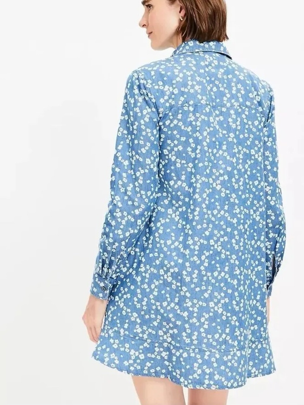 LOFT Retro Bloom Chambray Denim Mini Shirtdress with Pockets - Picture 2 of 11